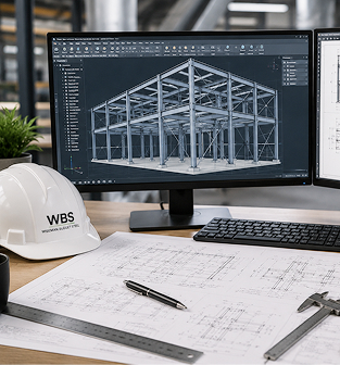 3D steel structure CAD drawing on a monitor